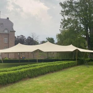 Stretchtent zand/beige met houten palen 10,5x15m