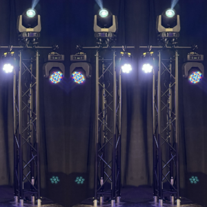 Lichtset 2 Pro (3x trusspaal zwart met trusslight 3x 7R Beam movinghead, 3x Expession Movinghead, 3x Ledpar) Geleverd met 12 voorgeprogrammeerde programma's